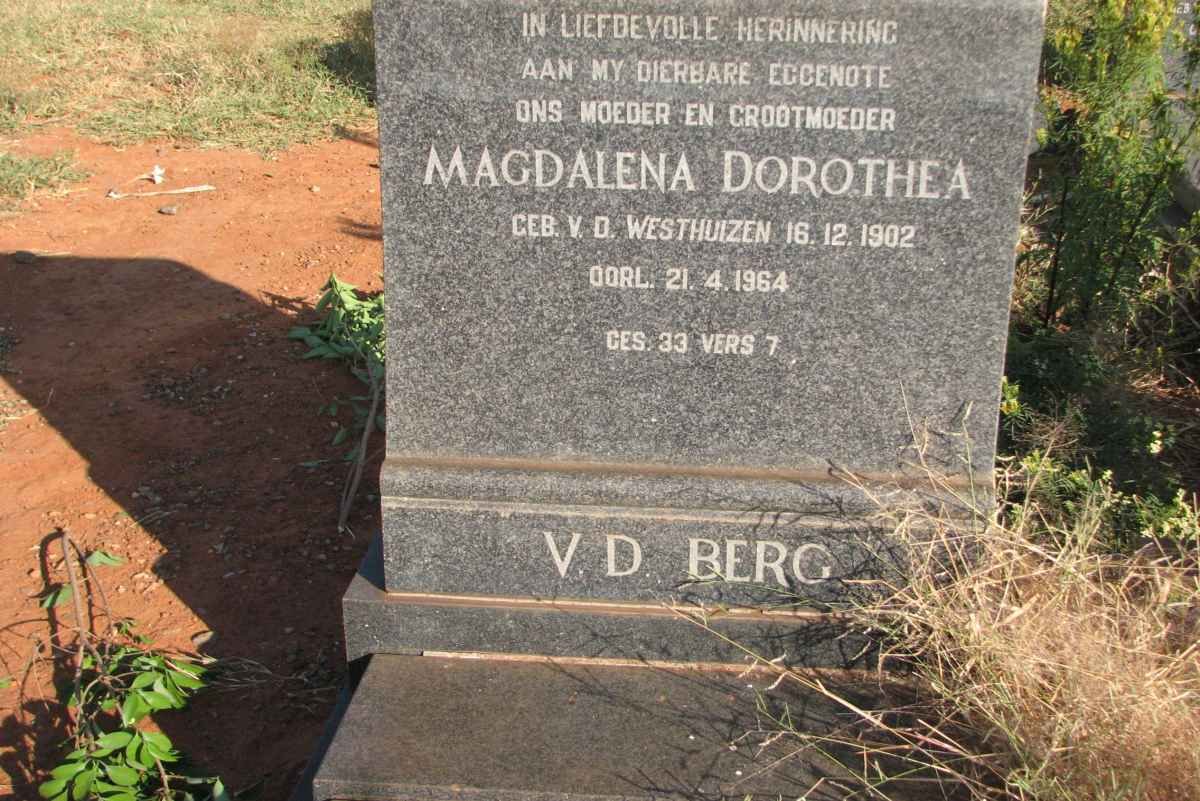 BERG Magdalena Dorothea, v.d. nee V.D.WESTHUIZEN 1902-1964