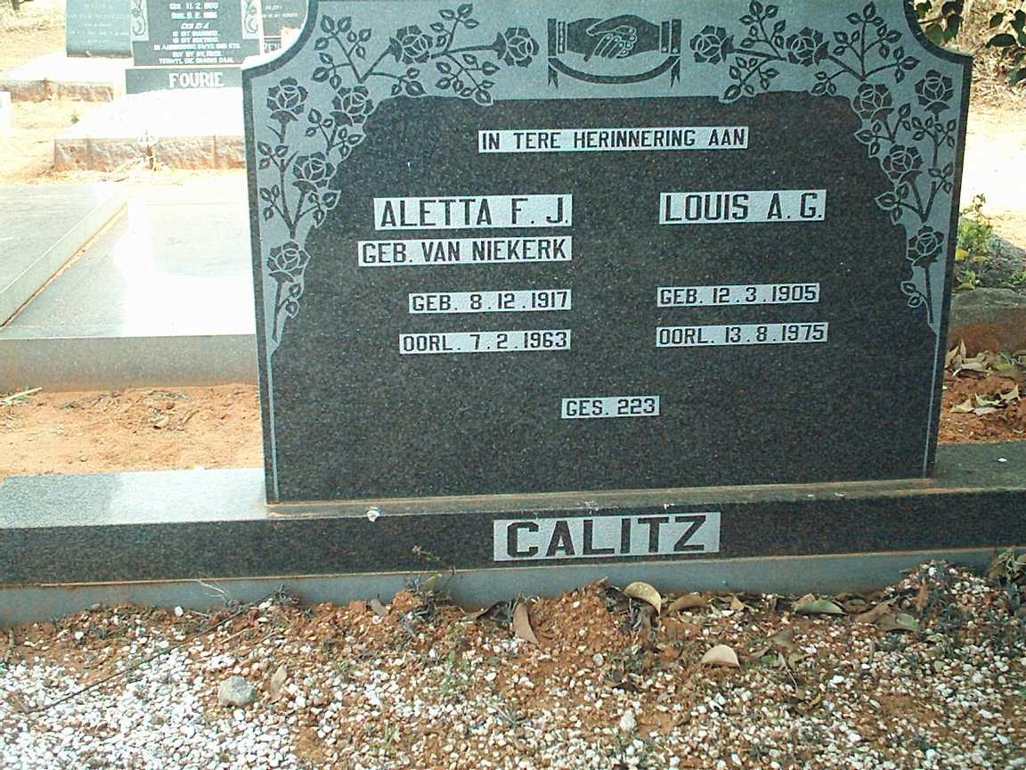 CALITZ Louis A.G. 1905-1975 &amp; Aletta F.J. VAN NIEKERK 1917-1963