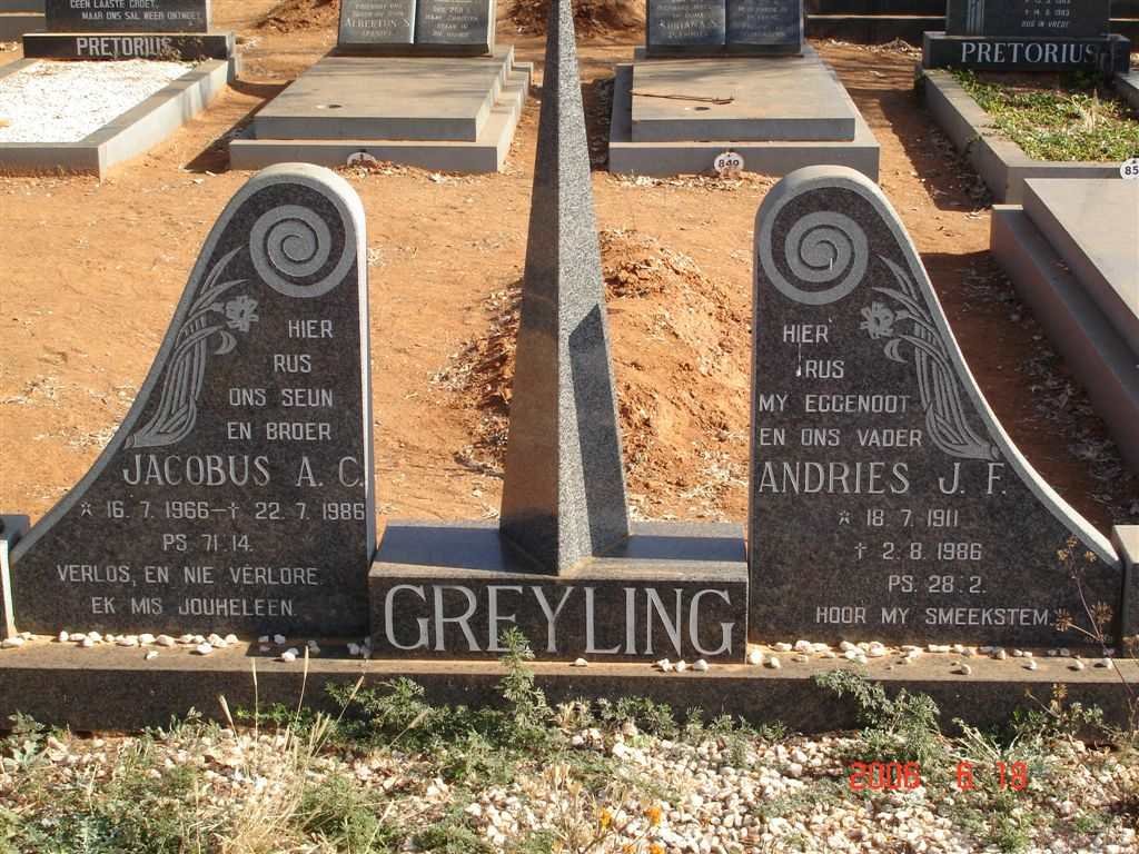 GREYLING Andries J.F. 1911-1986 :: GREYLING Jacobus A.C. 1966-1986