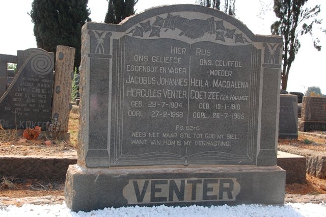 VENTER Jacobus Johannes Hercules 1904-1958 &amp; Heila Magdalena Coetzee HARMSE 1910-1965