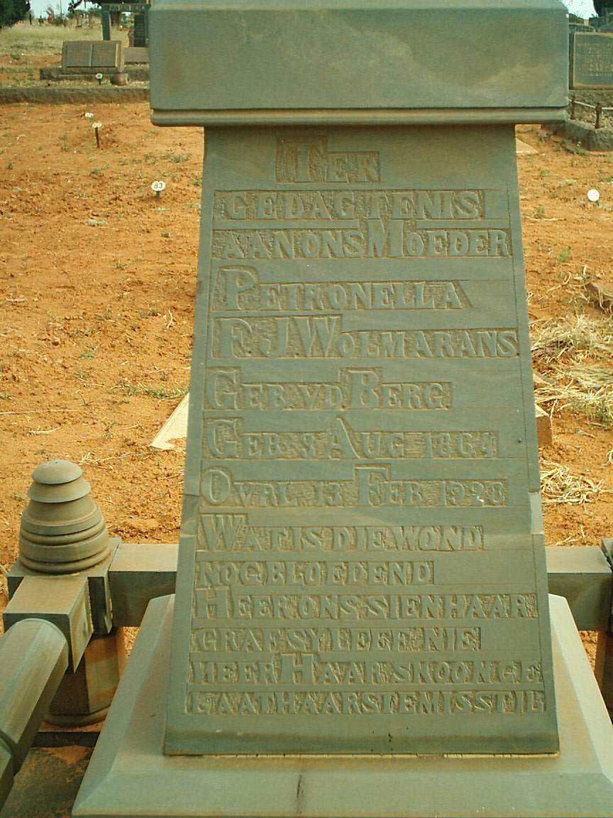 WOLMARANS Petronella P.J. nee V.D. BERG 1864-1928