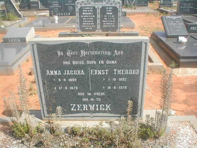 ZERWICK Ernst Theodor 1892-1978 &amp; Anna Jacoba 1899-1979