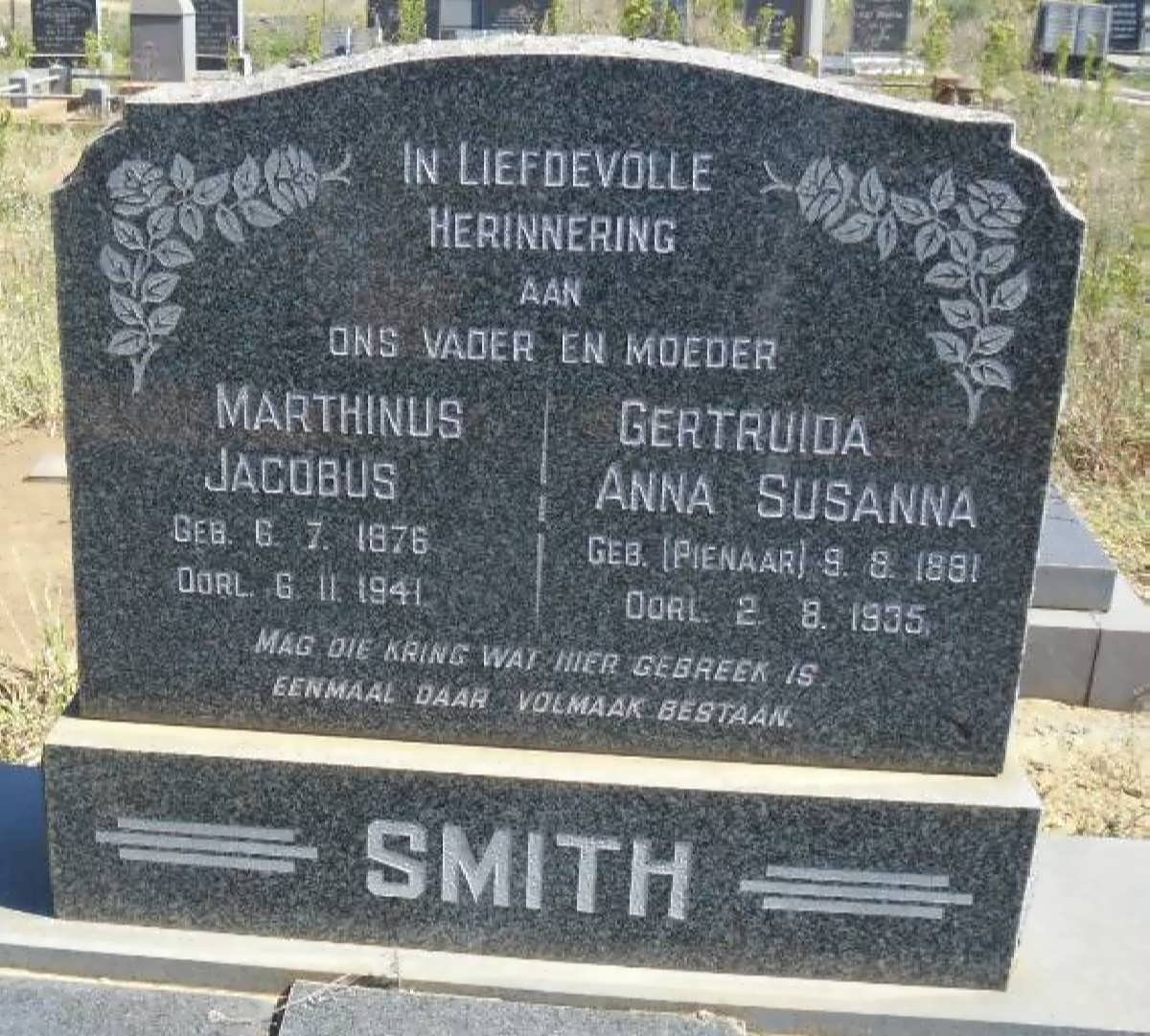 SMITH Marthinus Jacobus 1876-1941 &amp; Gertruida Anna Susanna PIENAAR 1881-1935
