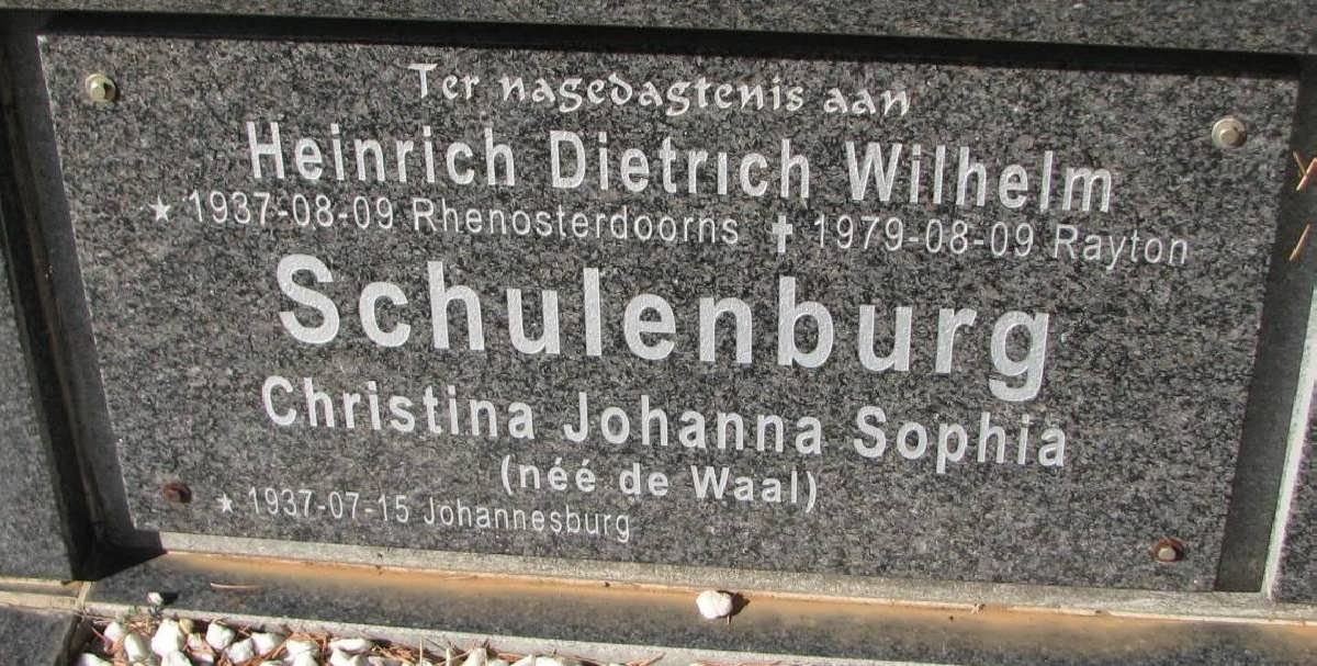 SCHULENBURG Heinrich Dietrich Wilhelm 1937-1979 &amp; Christina Johanna Sophia DE WAAL 1937-