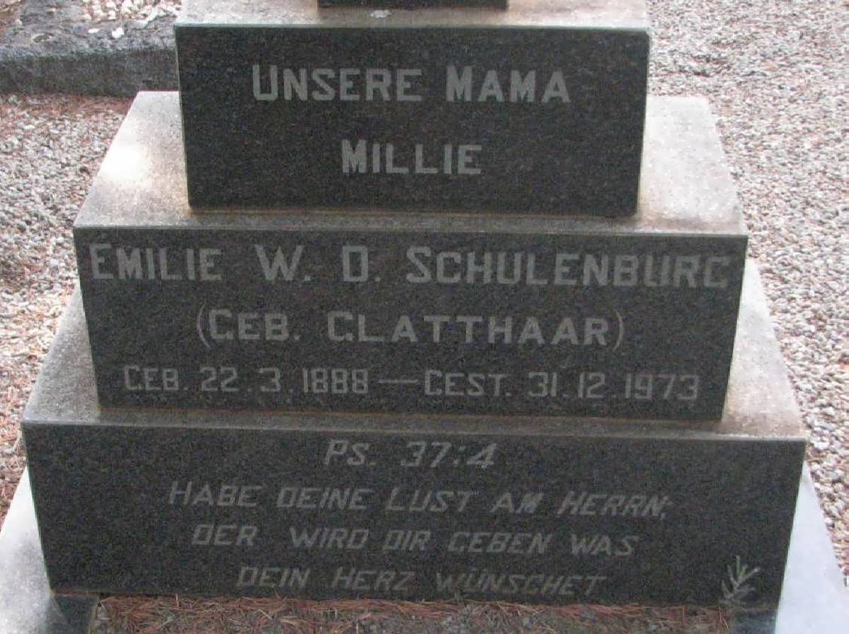 SCHULENBURG Emilie W.D. nee GLATTHAAR 1888-1973
