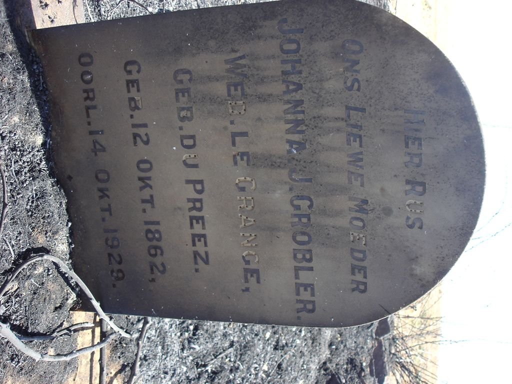 GROBLER Johanna J. voorheen LE GRANGE nee DU PREEZ 1862-1929