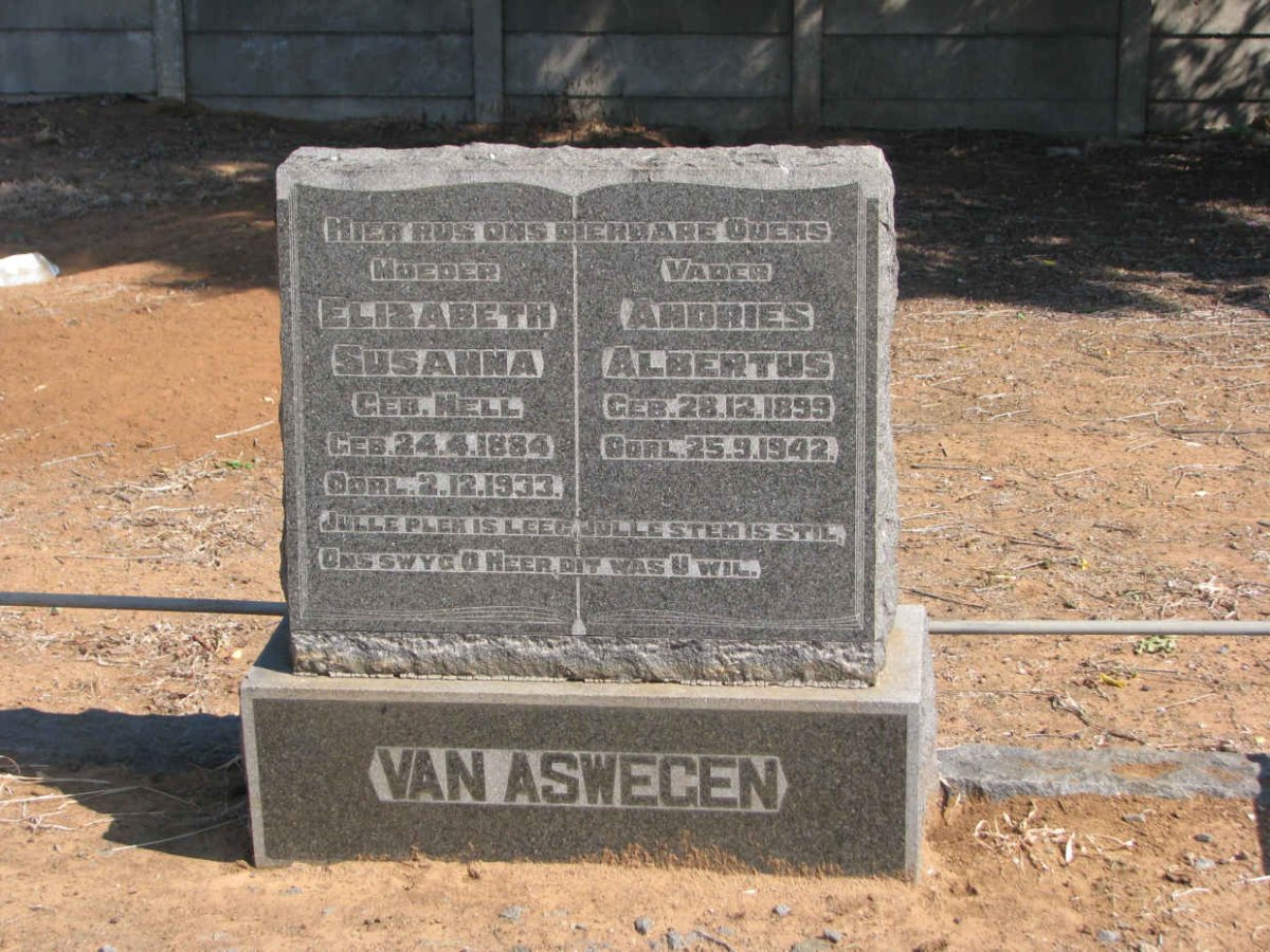 ASWEGEN Andries Albertus, van 1899-1942 &amp; Elizabeth Susanna NELL 1884-1933