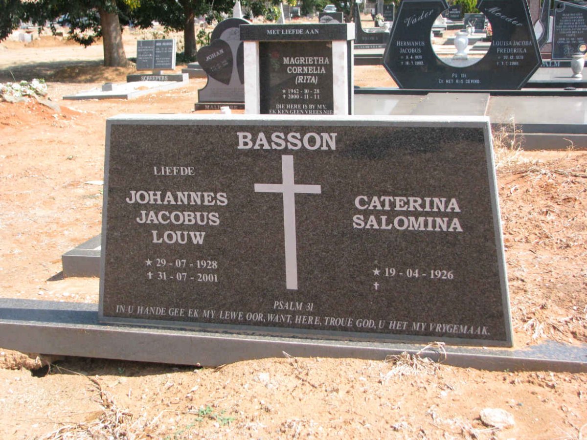 BASSON Johannes Jacobus Louw 1928-2001 &amp; Caterina Salomina 1926-