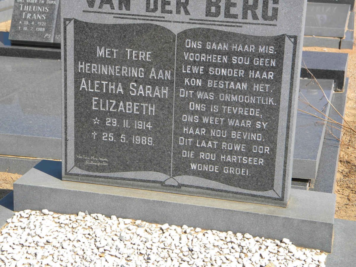 BERG Aletha Sarah Elizabeth, van der 1914-1989