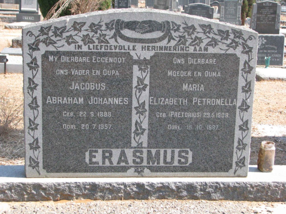 ERASMUS Jacobus Abraham Johannes 1888-1957 &amp; Maria Elizabeth Petronella PRETORIUS 1909-1987