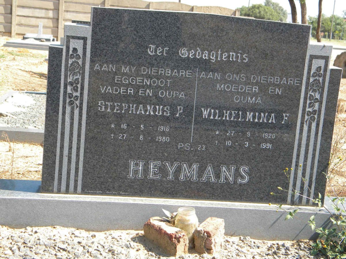 HEYMANS Stephanus P. 1916-1980 &amp; Wilhelmina F. 1920-1991