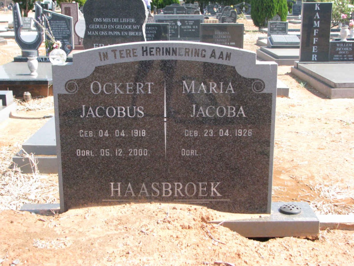 HAASBROEK Ockert Jacobus 1918-2000 &amp; Maria Jacoba 1926-
