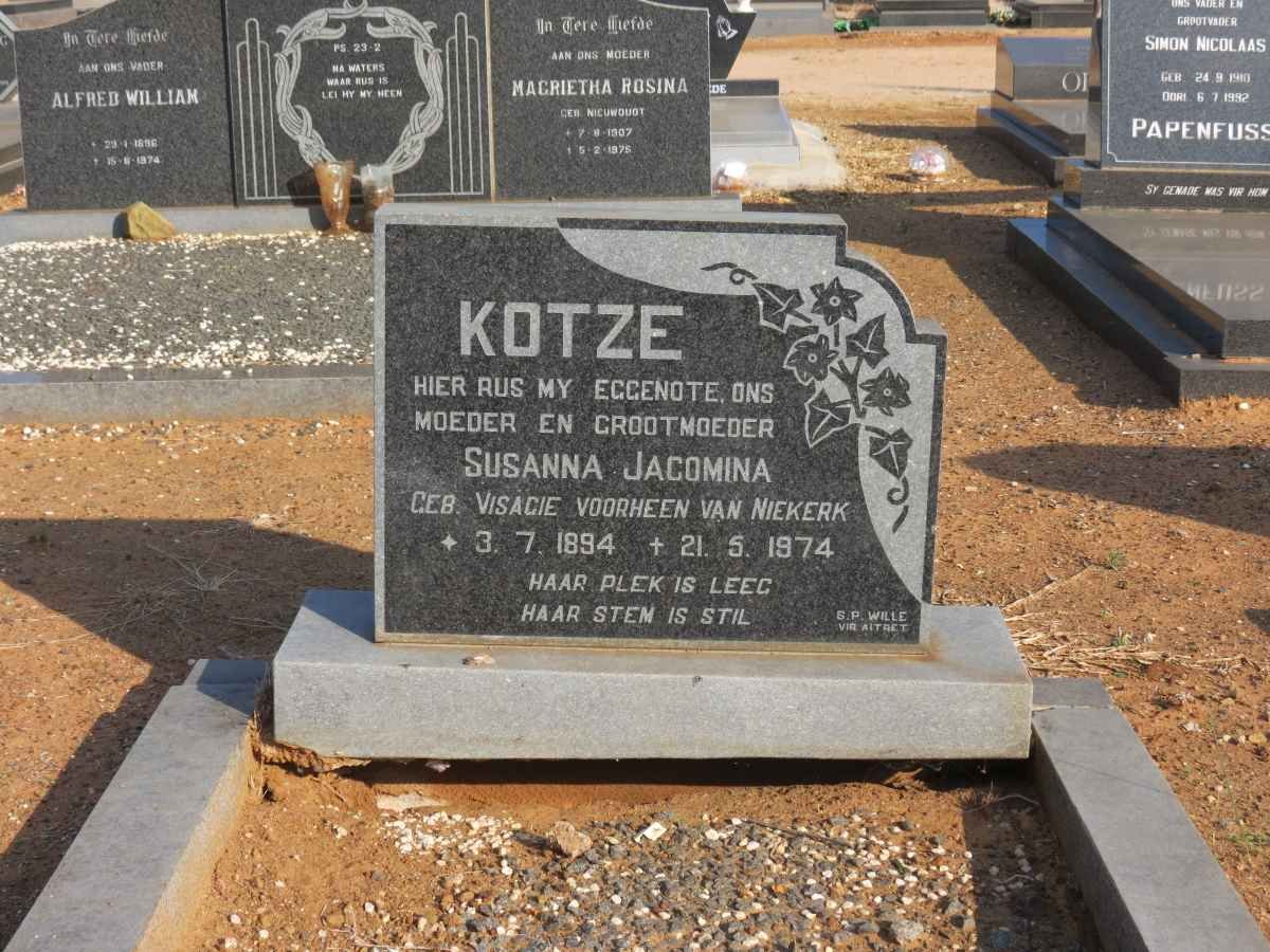 KOTZE Susanna Jacomina formerly VAN NIEKERK nee VISAGIE 1894-1974