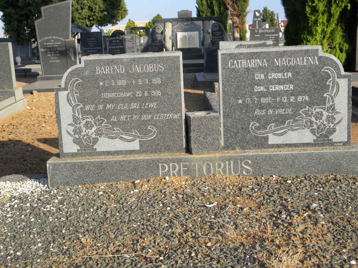 PRETORIUS Barend Jacobus 1881-1918 &amp; GERINGER Catharina Magdalena voorheen PRETORIUS nee GROBLER 1886-1974