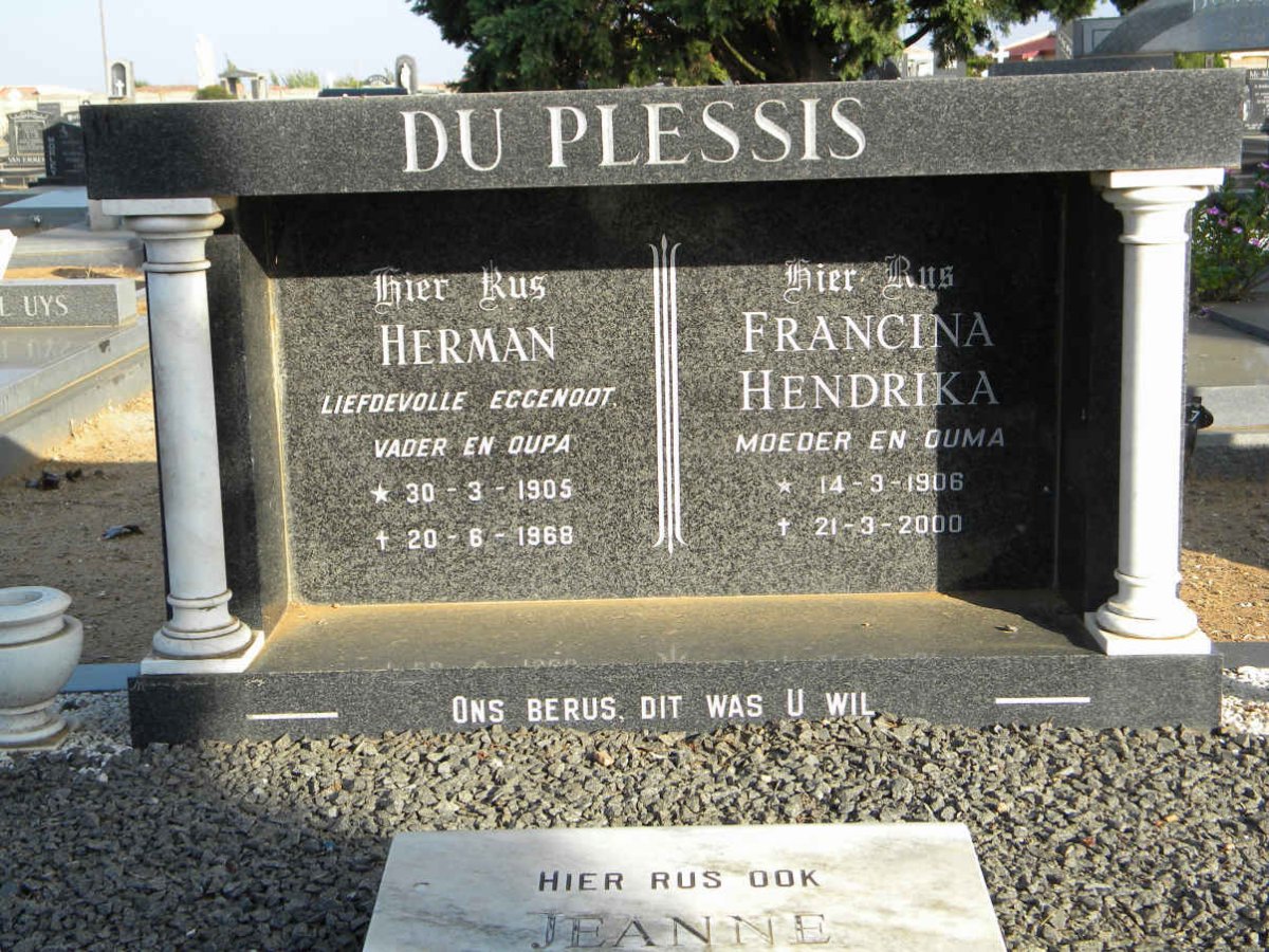 PLESSIS Herman, du 1905-1968 &amp; Francina Hendrika 1906-2000 :: DU PLESSIS Jeanne 1942-1977