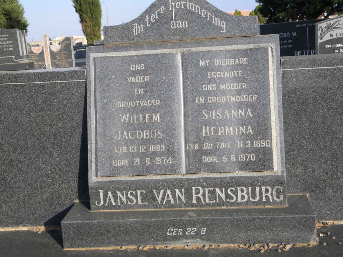 RENSBURG Willem Jacobus, Janse van 1889-1974 &amp; Susanna Hermina DU TOIT 1890-1970