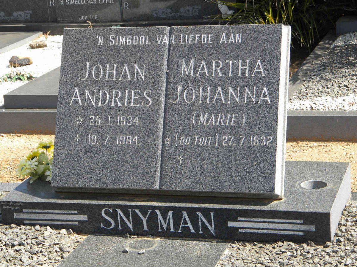 SNYMAN Johan Andries 1934-1994 &amp; Martha Johanna DU TOIT 1932-