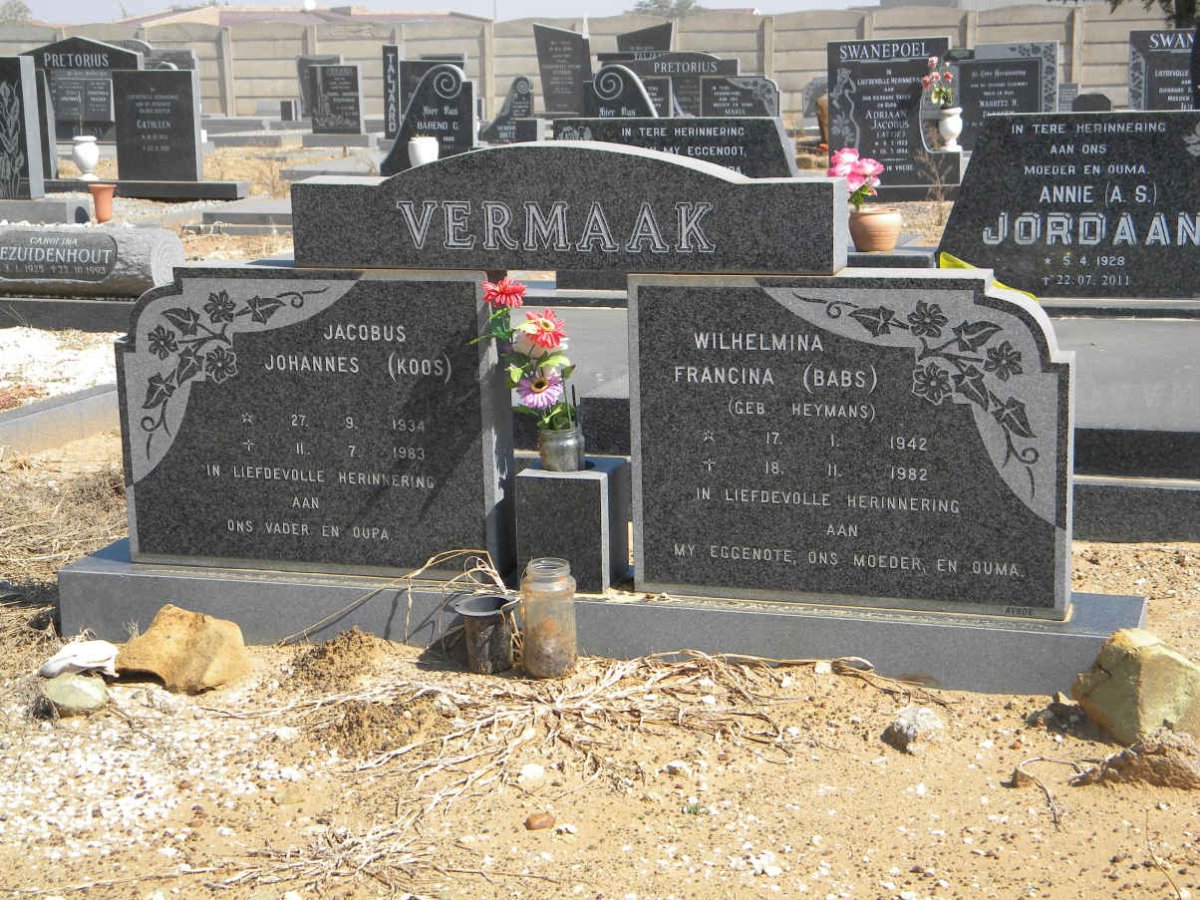 VERMAAK Jacobus Johannes 1934-1983 &amp; Wilhelmina Francina HEYMANS 1942-1982