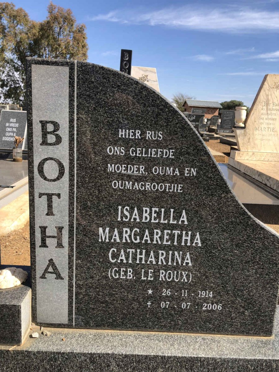 BOTHA Isabella Margaretha Catharina nee LE ROUX 1914-2006