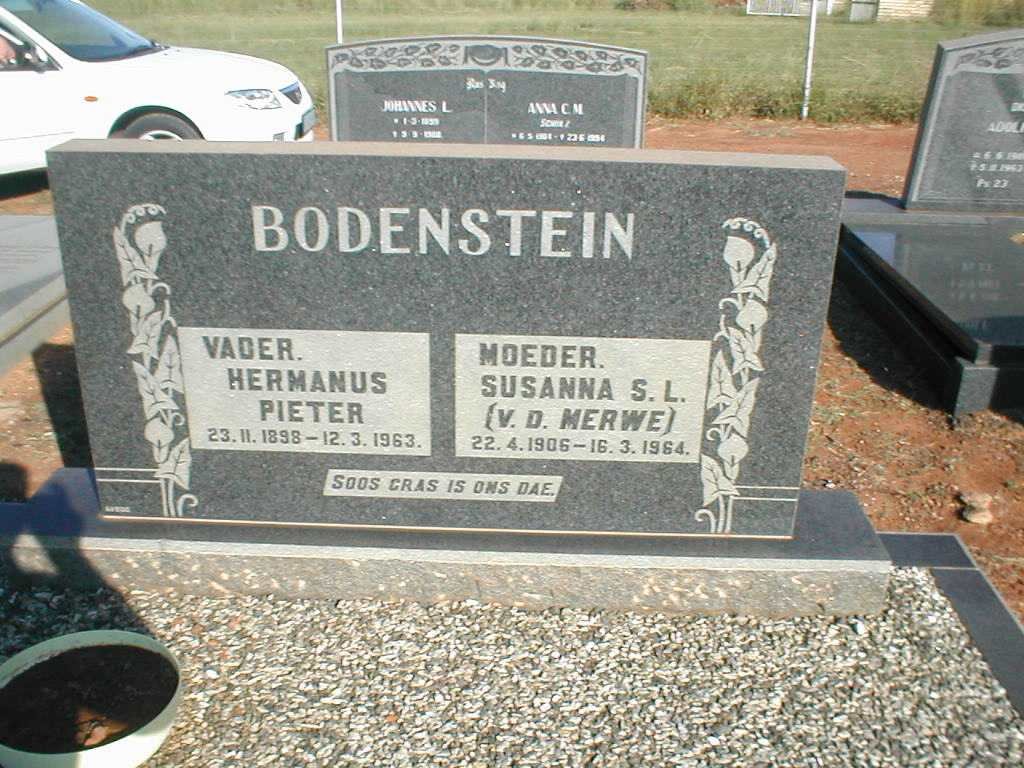 BODENSTEIN Hermanus Pieter 1898-1963 &amp; Susanna S.L. V.D. MERWE 1906-1964
