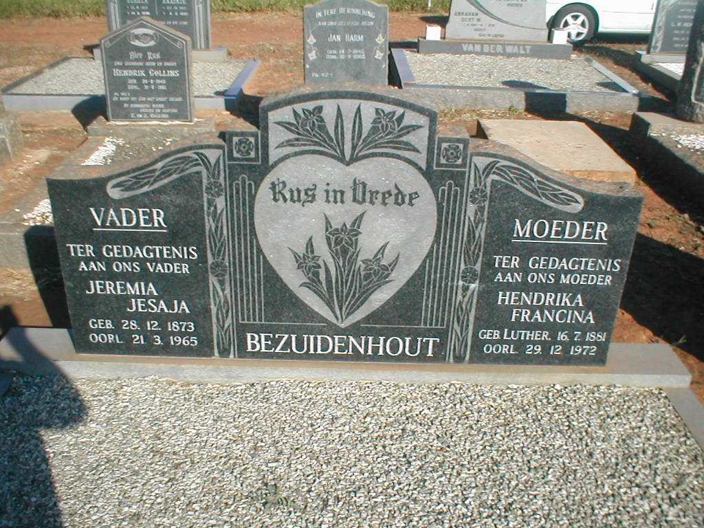 BEZUIDENHOUT Jeremia Jesaja 1873-1965 &amp; Hendrika Francina LUTHER 1881-1972