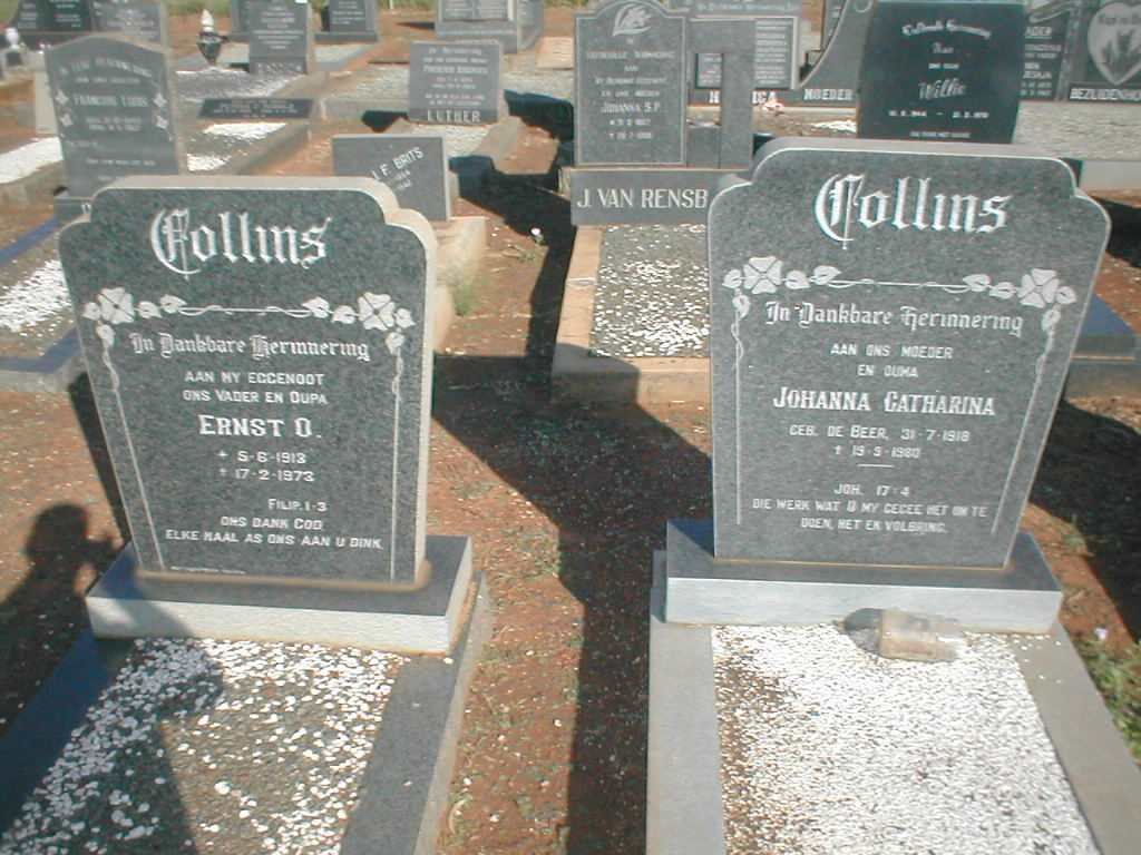 COLLINS Ernst O. 1913-1973 &amp; Johanna Catharina DE BEER 1918-1980
