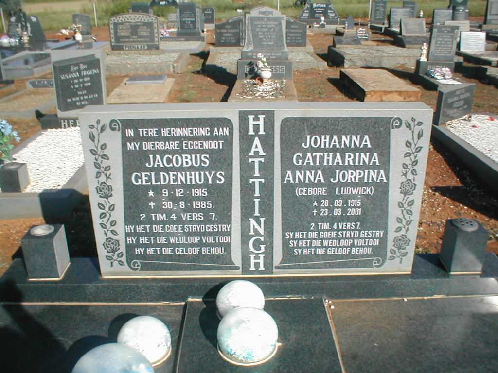 HATTINGH Jacobus Geldenhuys 1915-1985 &amp; Johanna Catharina Anna Jorpina LUDWICK 1915-2001