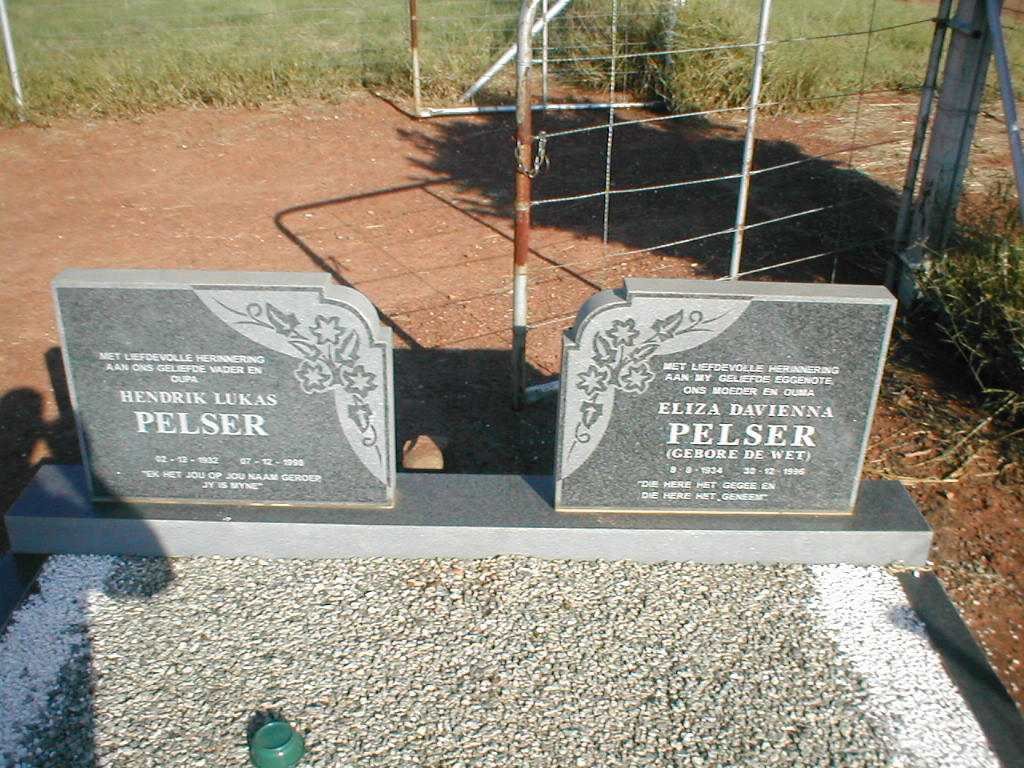 PELSER Hendrik Lukas 1932-1998 &amp; Eliza Davienna DE WET 1934-1996
