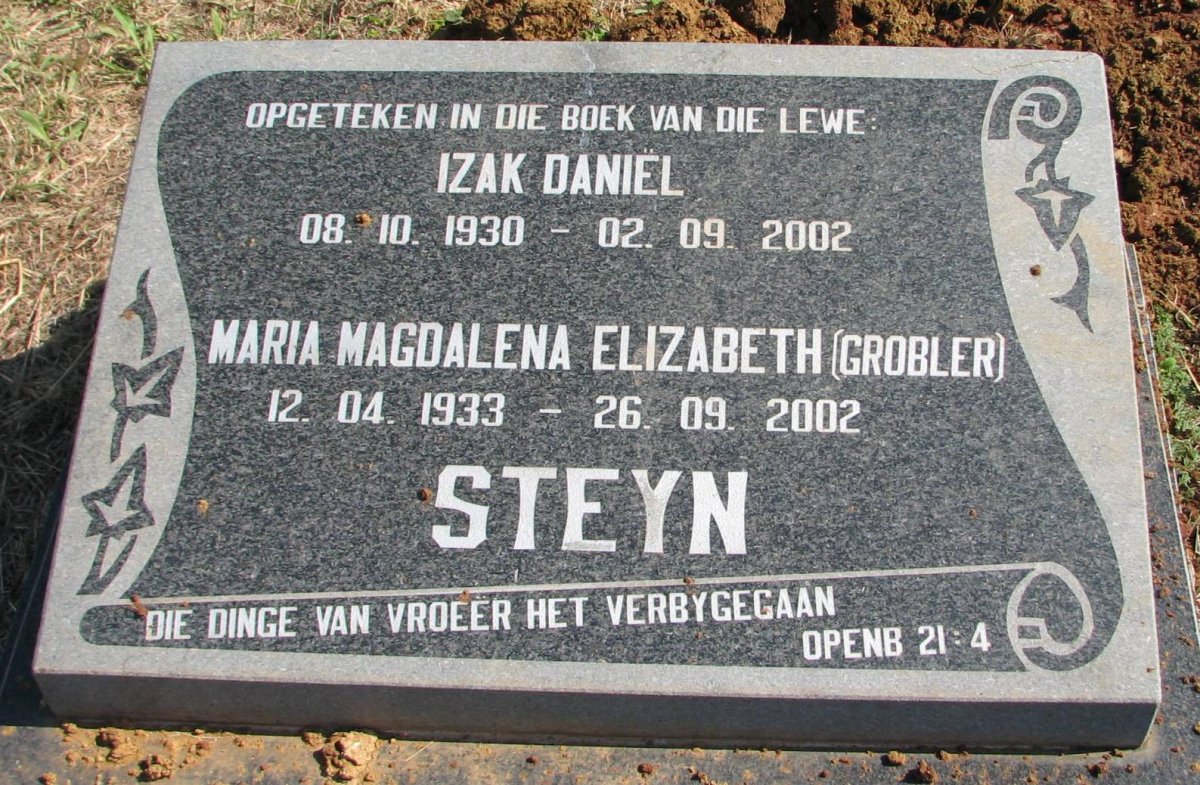 STEYN Izak Daniel 1930-2002 &amp; Maria Magdalena Elizabeth GROBLER 1933-2002