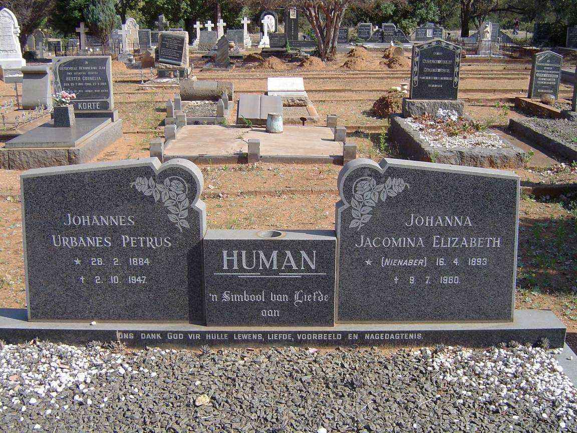 HUMAN Johannes Urbanes Petrus 1884-1947 &amp; Johanna Jacomina Elizabeth NIENABER 1893-1980
