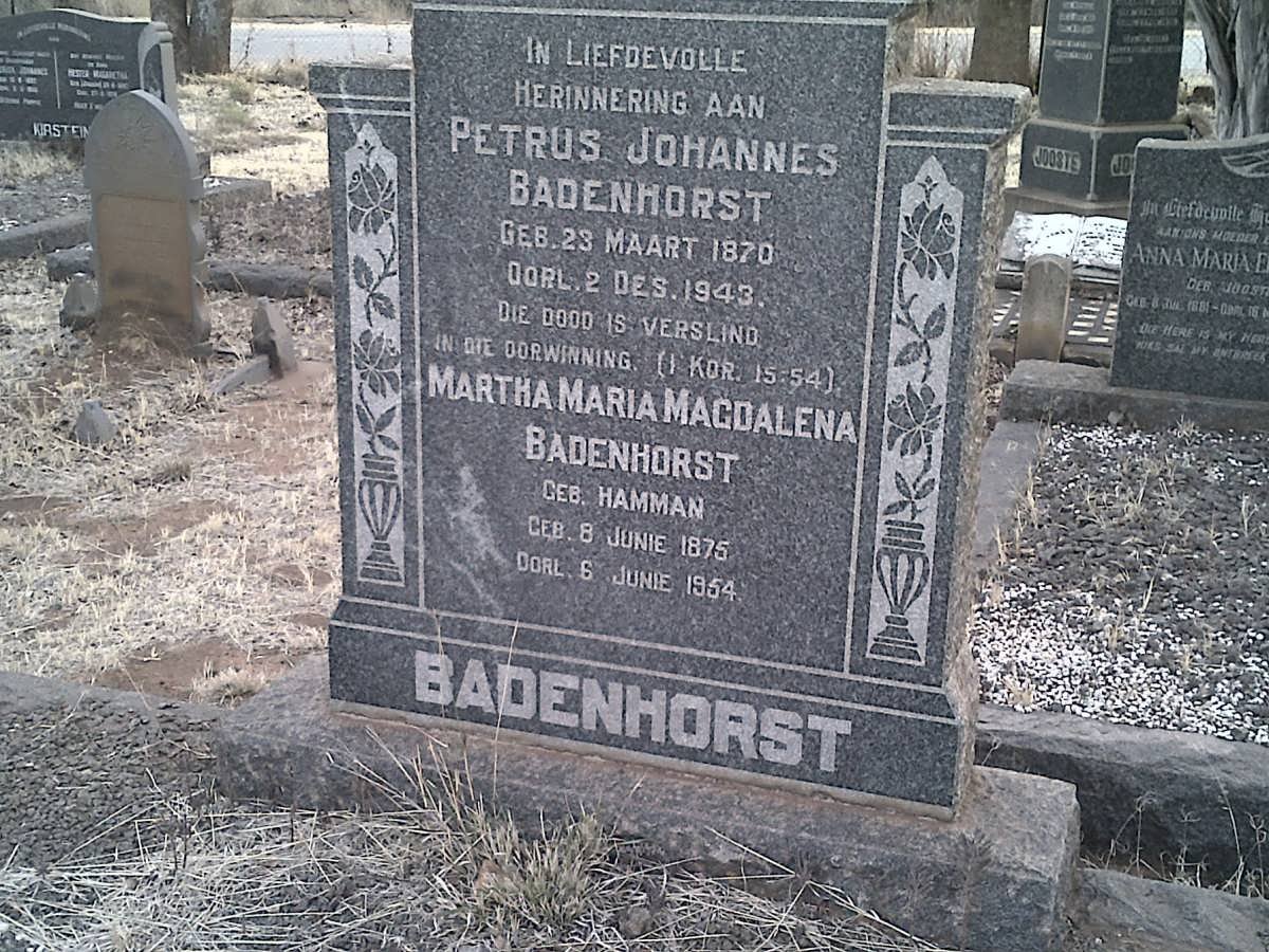 BADENHORST Petrus Johannes 1870-1943 &amp; Martha Maria Magdalena HAMMAN 1875-1954