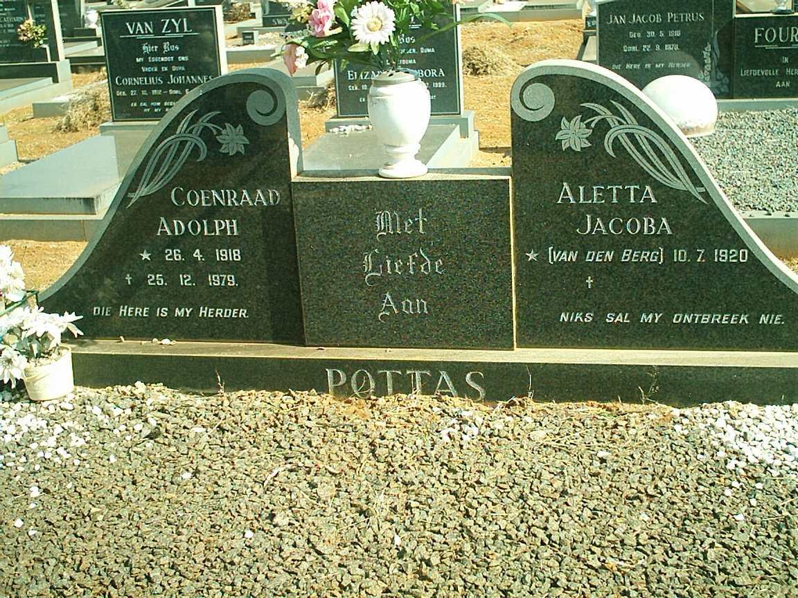 POTTAS  Coenraad Adolph 1918-1979 &amp; Aletta Jacoba VAN DEN BERG 1920-