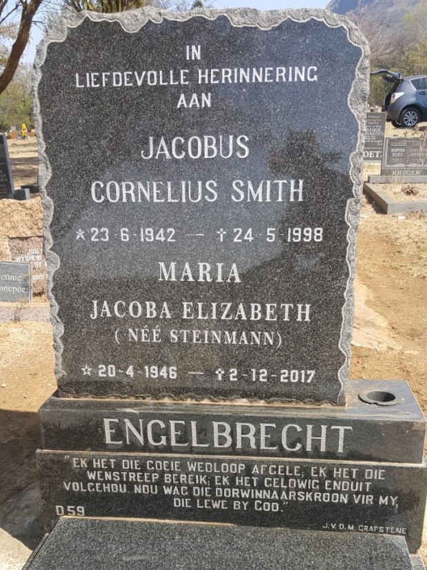 ENGELBRECHT Jacobus Cornelius Smith 1942-1998 &amp; Maria Jacoba Elizabeth STEINMANN 1946-2017