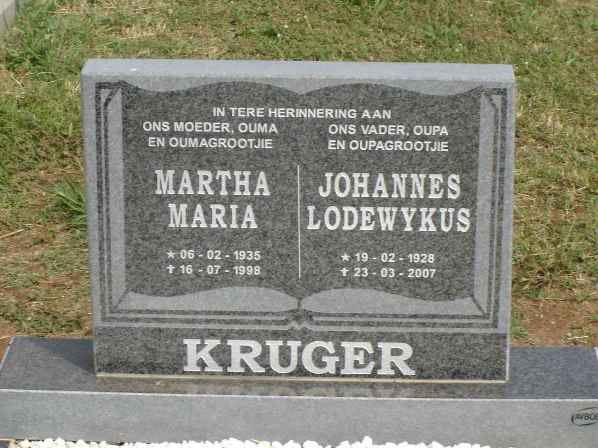 KRUGER Johannes Lodewykus 1928-2007 &amp; Martha Maria 1935-1998