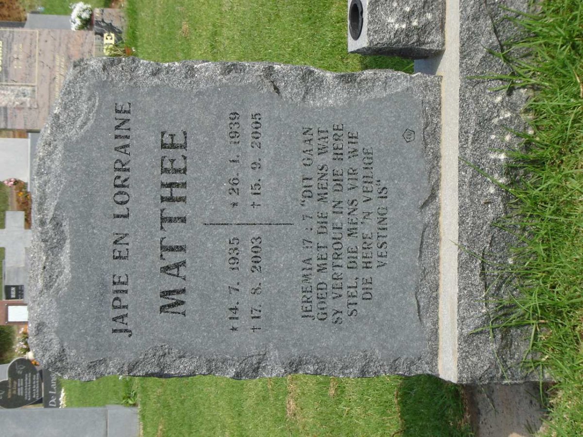 MATTHEE Japie 1935-2003 &amp; Lorraine 1939-2005