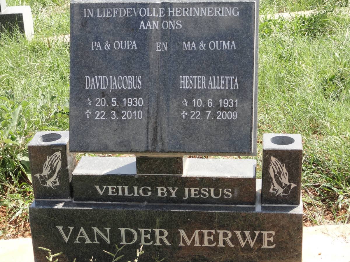 MERWE David Jacobus, van der 1930-2010 &amp; Hester Alletta 1931-2009