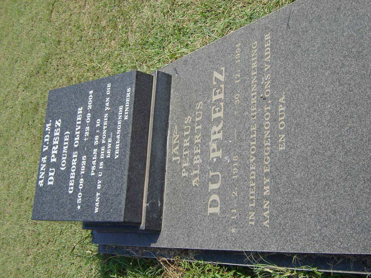 PREEZ Jan Petrus Albertus, du 1916-1994 &amp; Anna V.D.M. OLIVIER 1925-2004