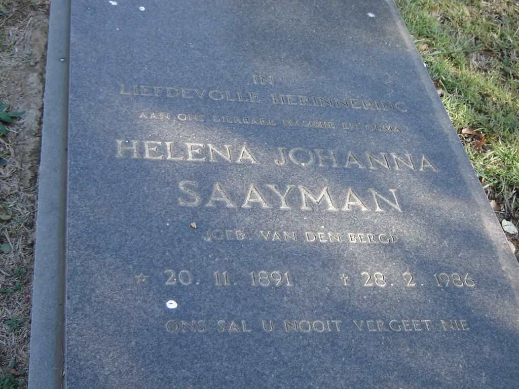 SAAYMAN Helena Johanna nee VAN DEN BERG 1891-1986