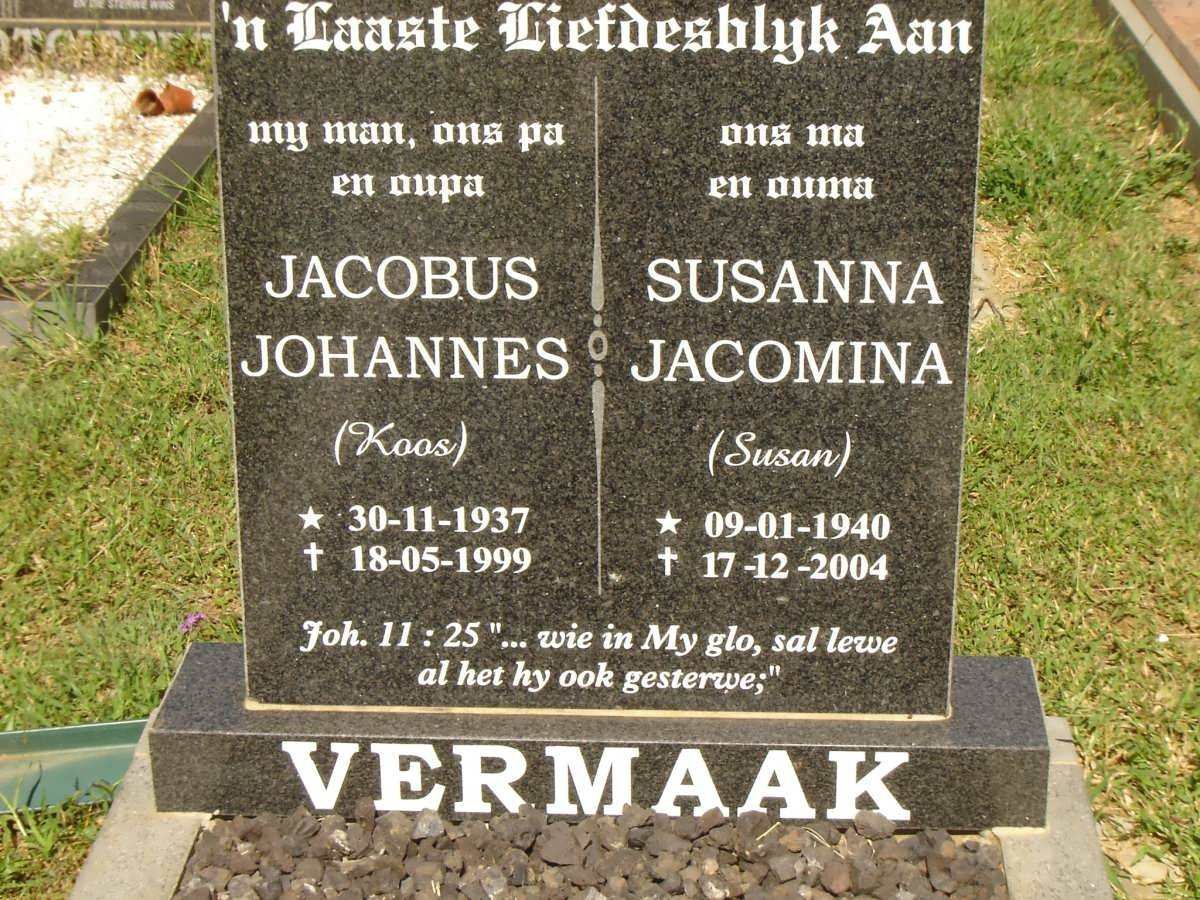 VERMAAK Jacobus Johannes 1937-1999 &amp; Susanna Jacomina 1940-2004