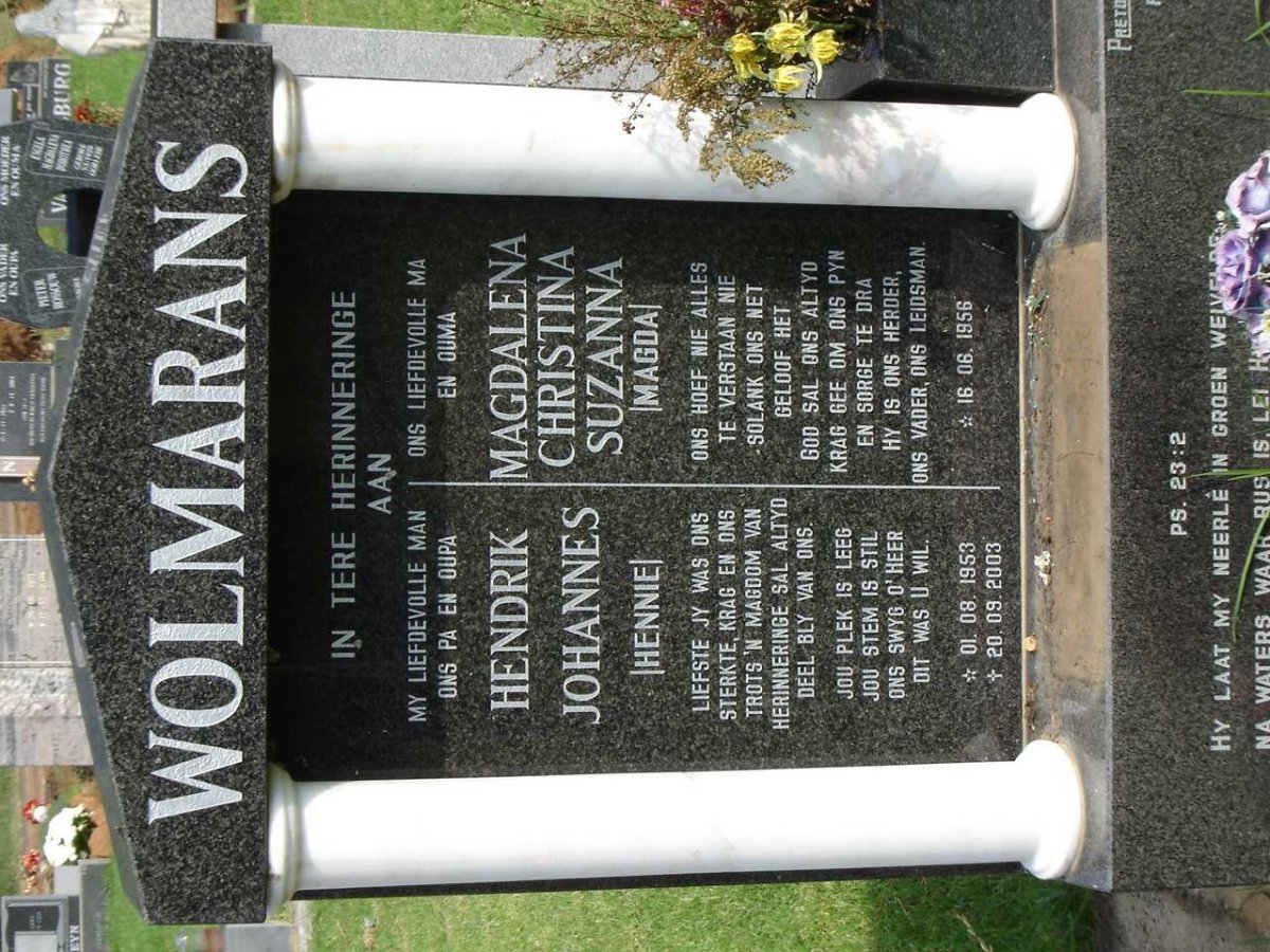 WOLMARANS Hendrik Johannes 1953-2003 &amp; Magdalena Christina Suzanna 1956-