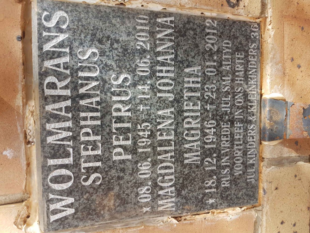 WOLMARANS Stephanus Petrus 1945-2010 &amp; Magdalena Johanna Magrietha 1946-2012