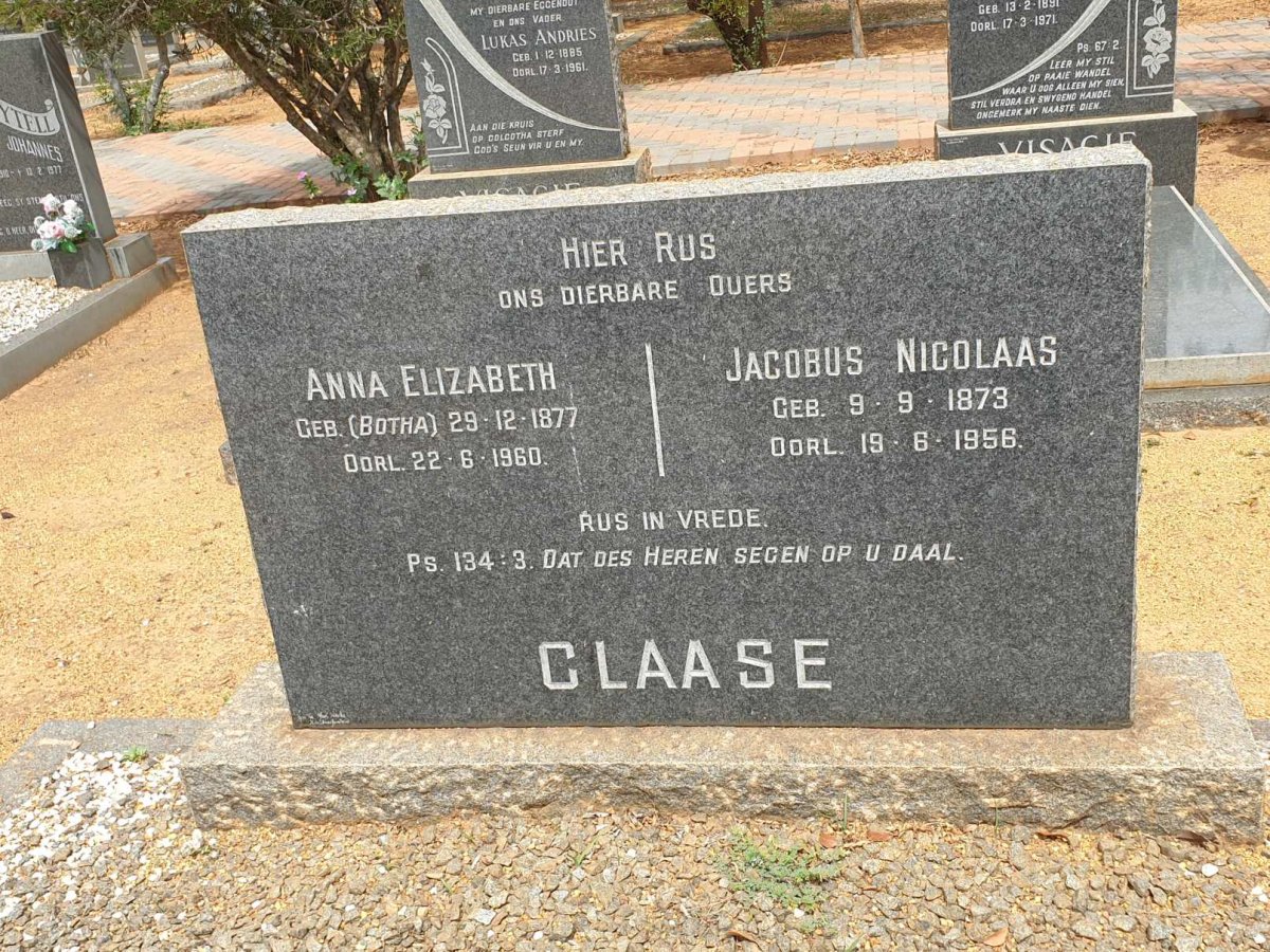 CLAASE Jacobus Nicolaas 1873-1956 &amp; Anna Elizabeth BOTHA 1877-1960