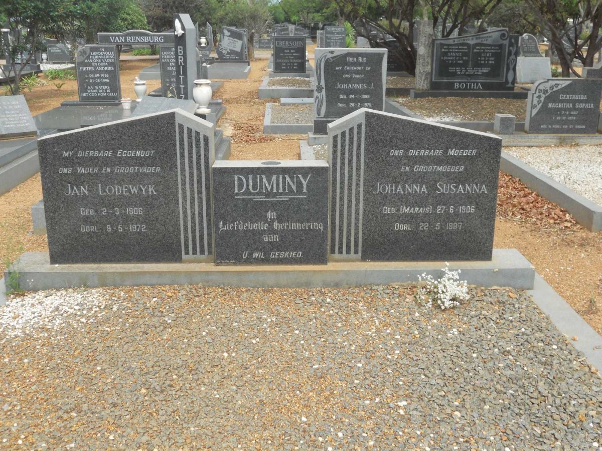 DUMINY Jan Lodewyk 1906-1972 &amp; Johanna Susanna MARAIS 1906-1987