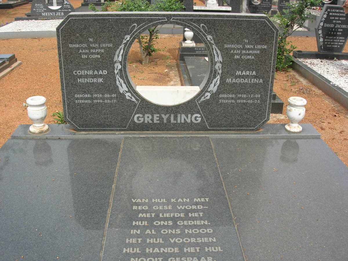 GREYLING Coenraad Hendrik 1924-1999 &amp; Maria Magdalena 1928-1999