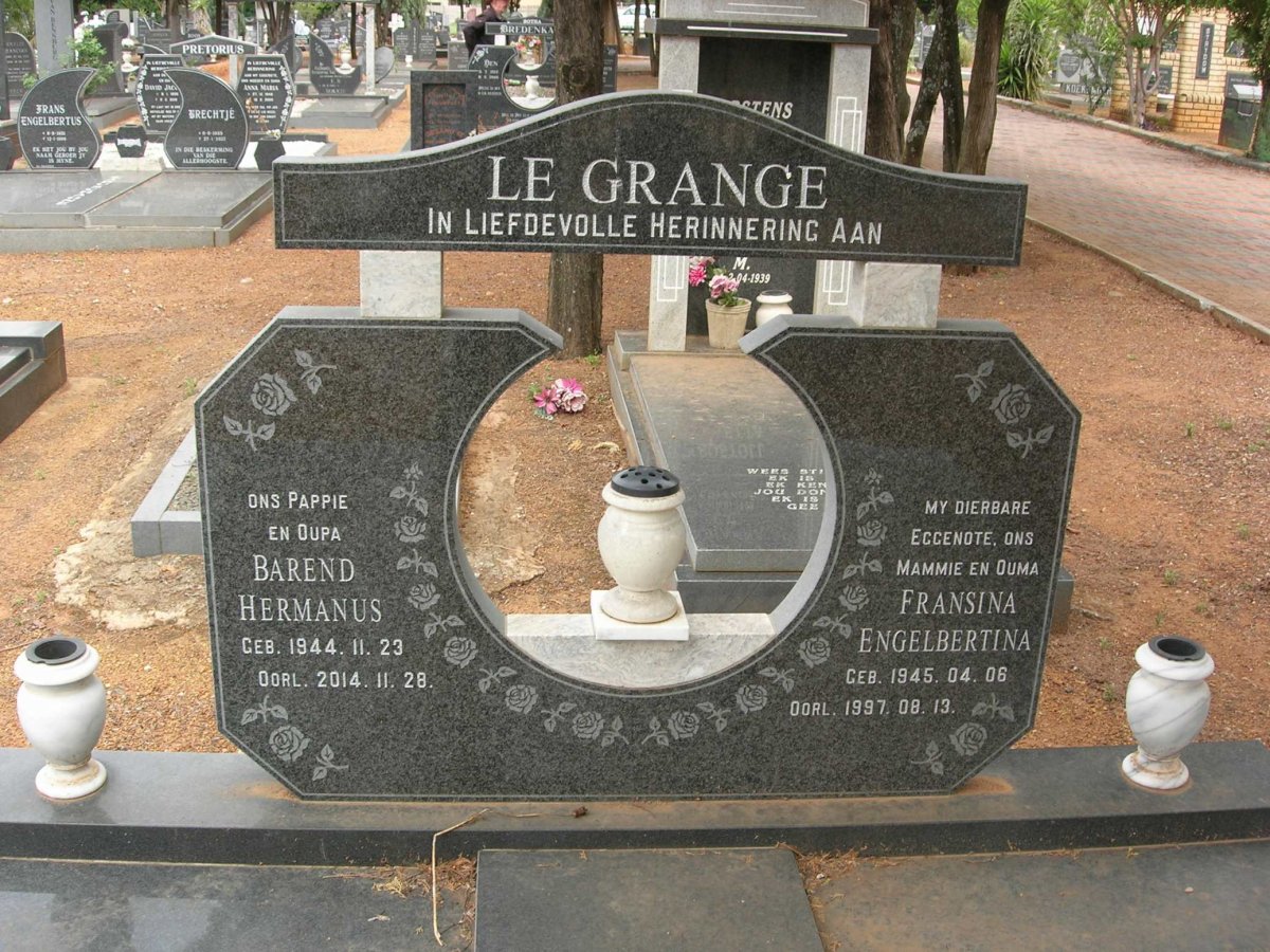GRANGE Barend Hermanus, le 1944-2014 &amp; Fransina Engelbertina 1945-1997