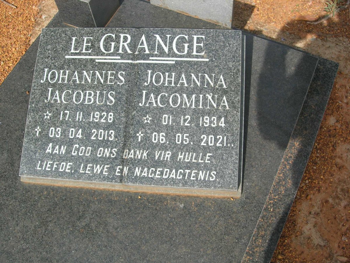 GRANGE Johannes Jacobus, le 1928-2013 &amp; Johanna Jacomina 1934-2021