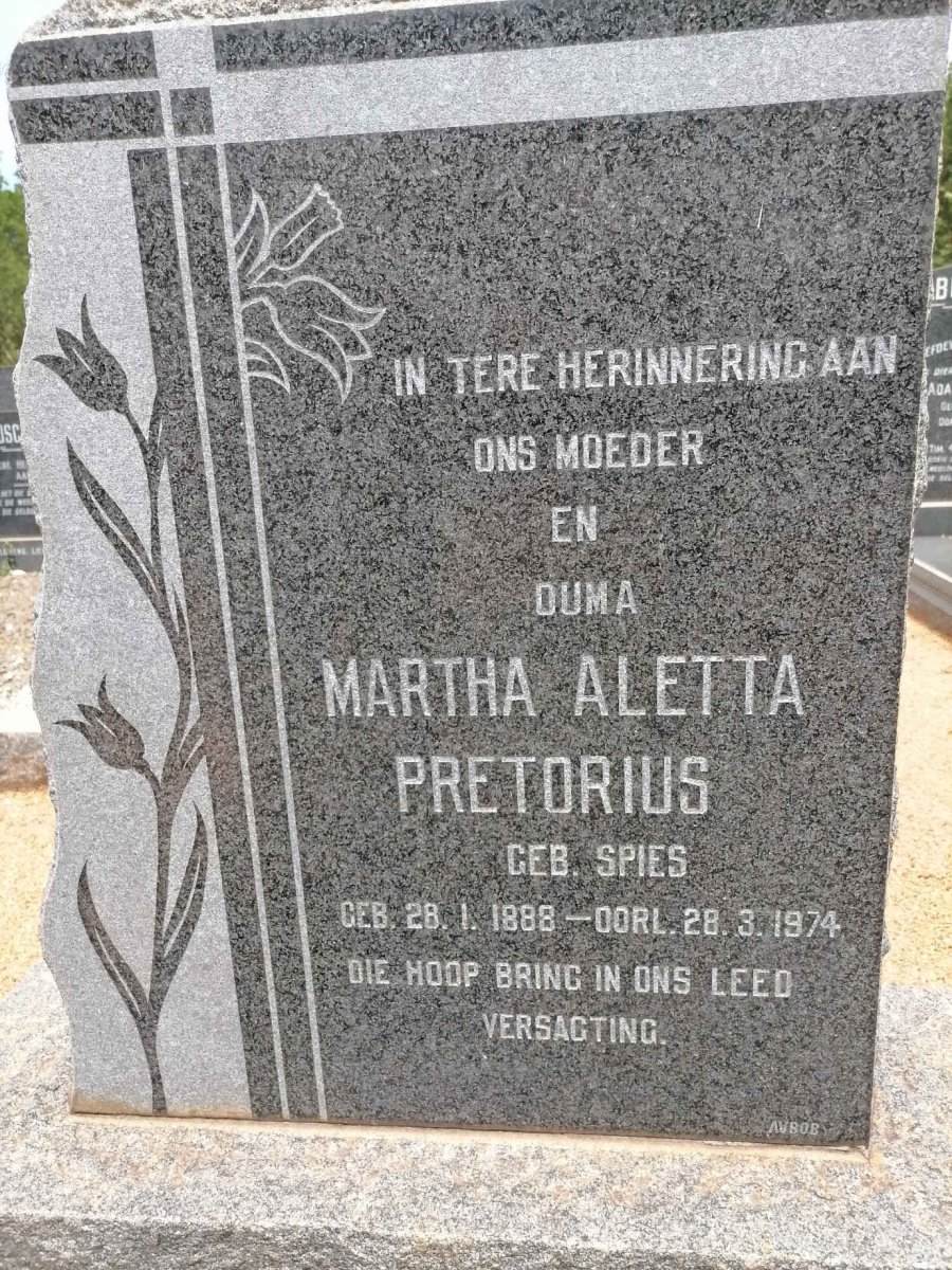 PRETORIUS Martha Aletta nee SPIES 1888-1974