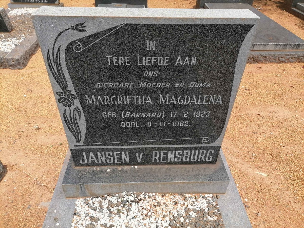 RENSBURG Margrietha Magdalena, Jansen v. nee BARNARD 1923-1962