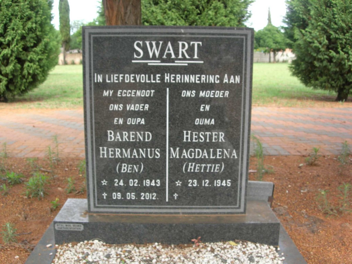 SWART Barend Hermanus 1943-2012 &amp; Hester Magdalena 1945-