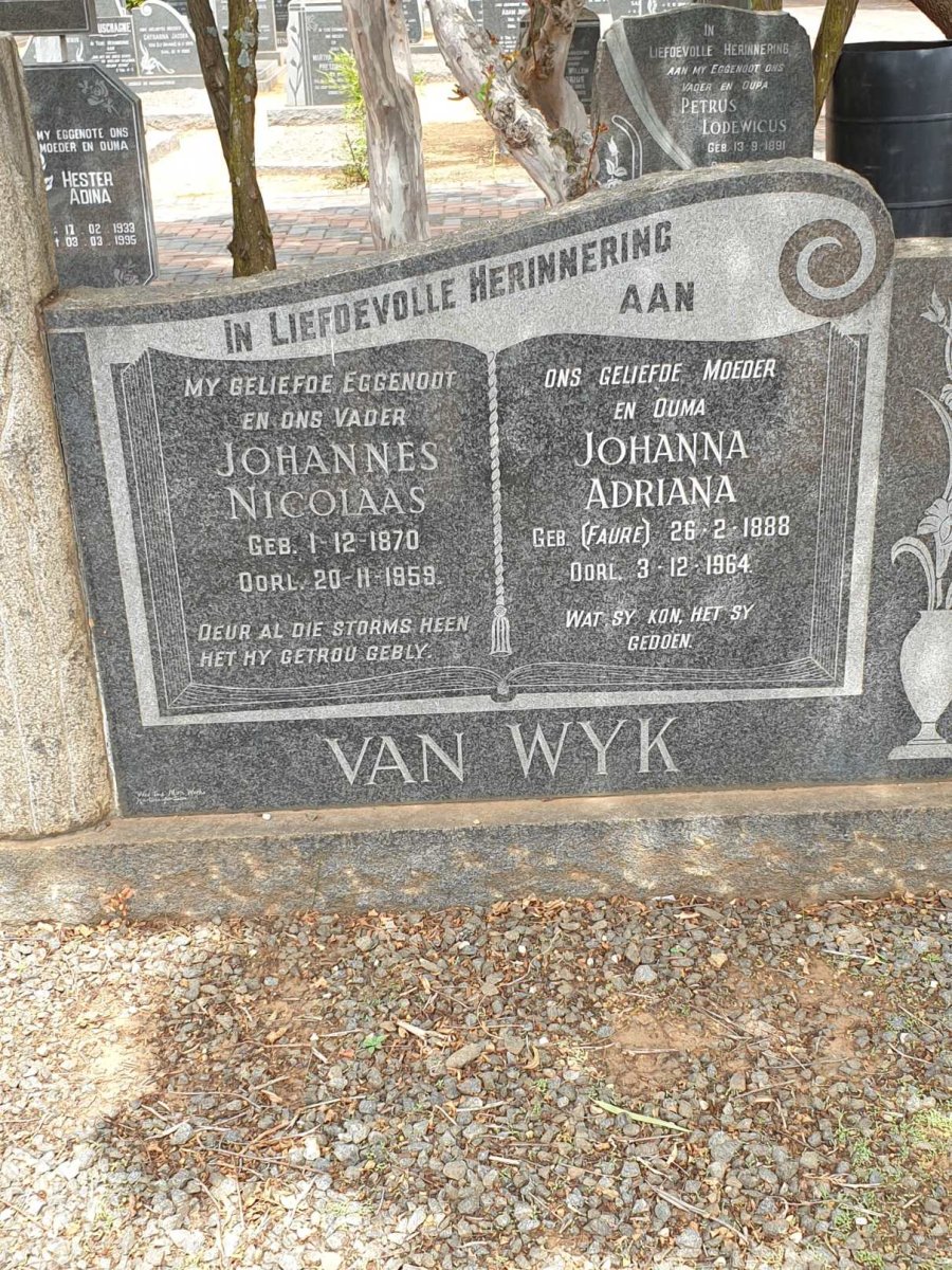 WYK Johannes Nicolaas, van 1870-1959 &amp; Johanna Adriana FAURE 1888-1964